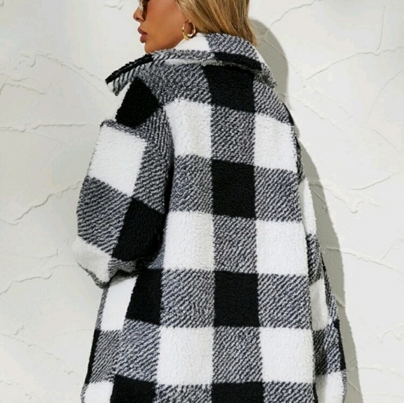 New Women's Gingham Double Breasted Teddy Coat - Picture 5 of 7